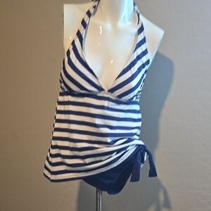 Striped Halter Swimsuit  Blue and White